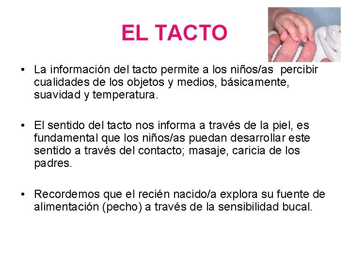 EL TACTO • La información del tacto permite a los niños/as percibir cualidades de