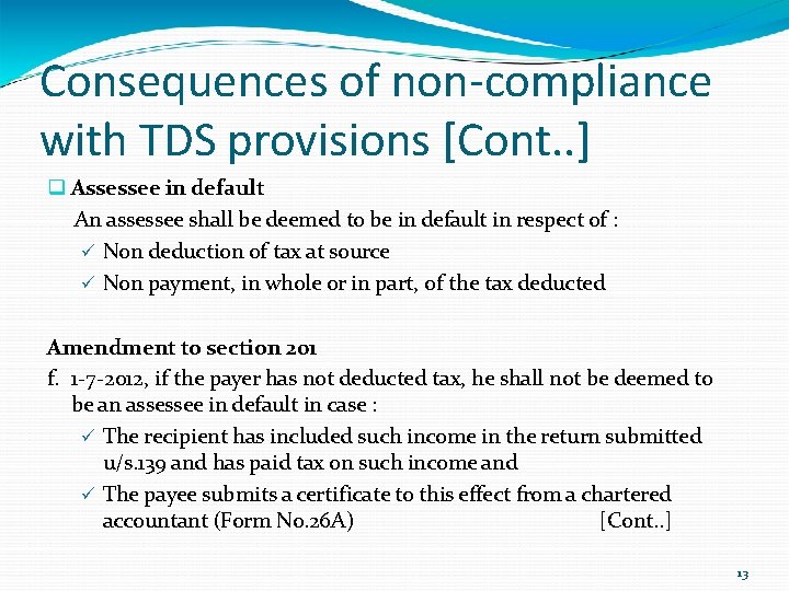 Consequences of non-compliance with TDS provisions [Cont. . ] Assessee in default An assessee