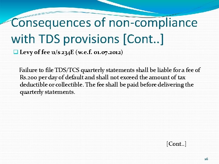 Consequences of non-compliance with TDS provisions [Cont. . ] Levy of fee u/s 234