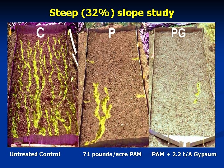 Steep (32%) slope study Untreated Control 71 pounds/acre PAM + 2. 2 t/A Gypsum