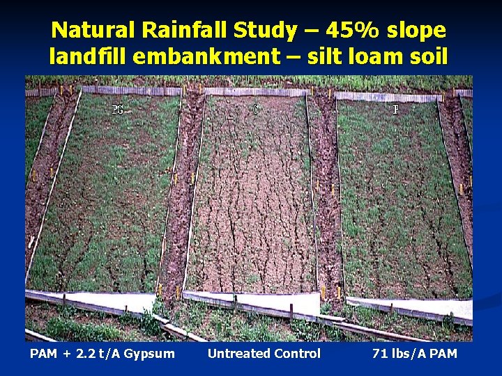 Natural Rainfall Study – 45% slope landfill embankment – silt loam soil PAM +