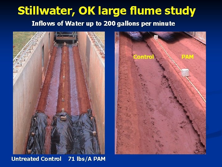 Stillwater, OK large flume study Inflows of Water up to 200 gallons per minute