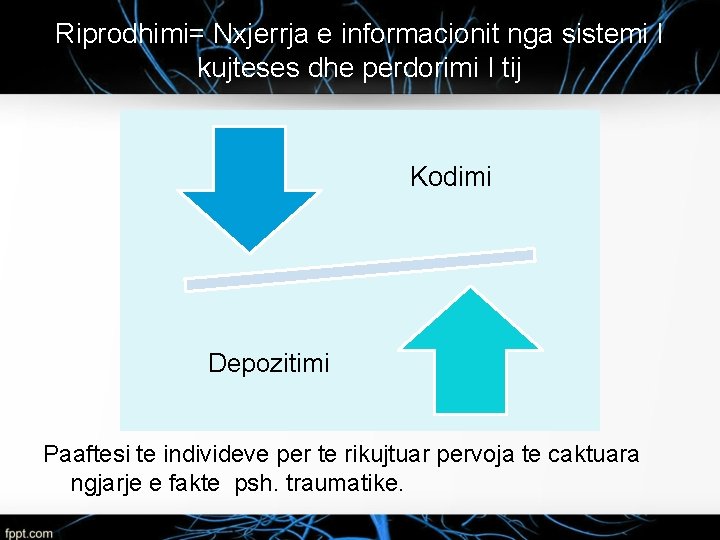 Riprodhimi= Nxjerrja e informacionit nga sistemi I kujteses dhe perdorimi I tij Kodimi Depozitimi