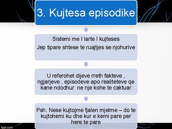 3. Kujtesa episodike Sistemi me I larte I kujteses Jep tipare shtese te ruajtjes