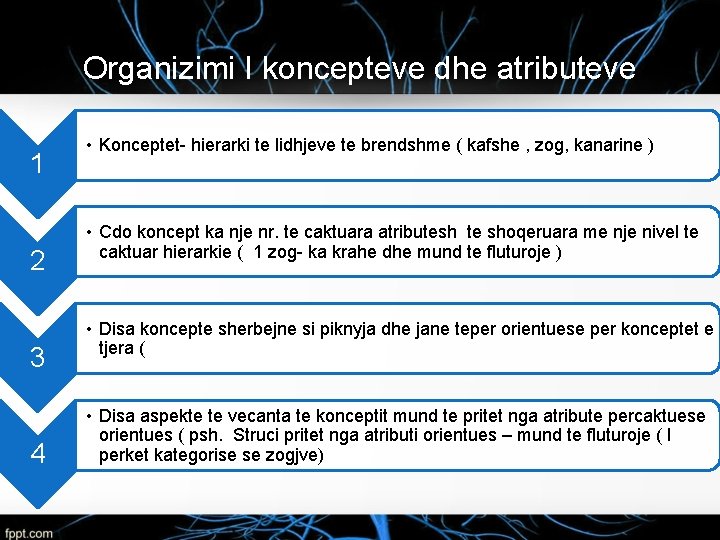 Organizimi I koncepteve dhe atributeve 1 2 3 4 • Konceptet- hierarki te lidhjeve