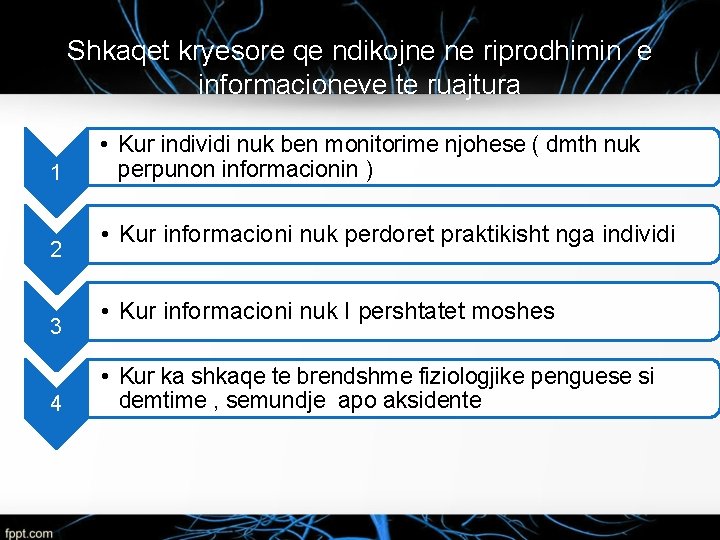 Shkaqet kryesore qe ndikojne ne riprodhimin e informacioneve te ruajtura 1 2 3 4