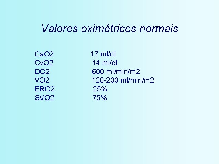 Valores oximétricos normais Ca. O 2 Cv. O 2 DO 2 VO 2 ERO