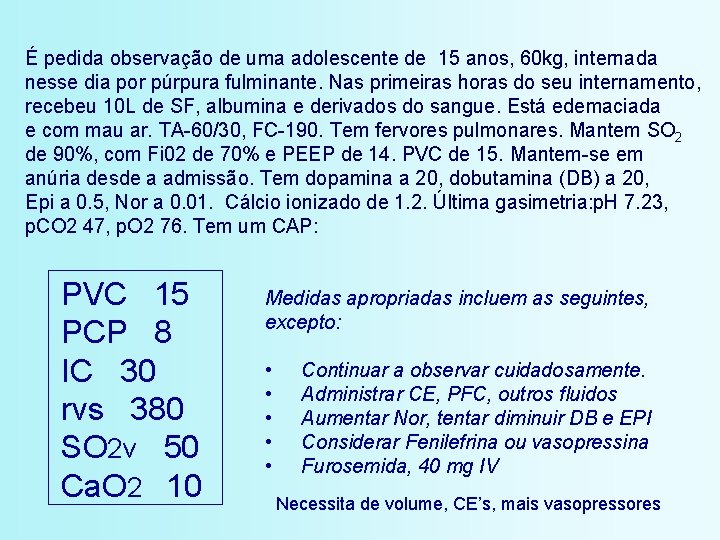 É pedida observação de uma adolescente de 15 anos, 60 kg, internada nesse dia