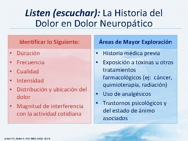 Listen (escuchar): La Historia del Dolor en Dolor Neuropático Identificar lo Siguiente: Áreas de