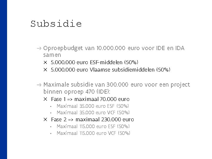 Subsidie Oproepbudget van 10. 000 euro voor IDE en IDA samen 5. 000 euro