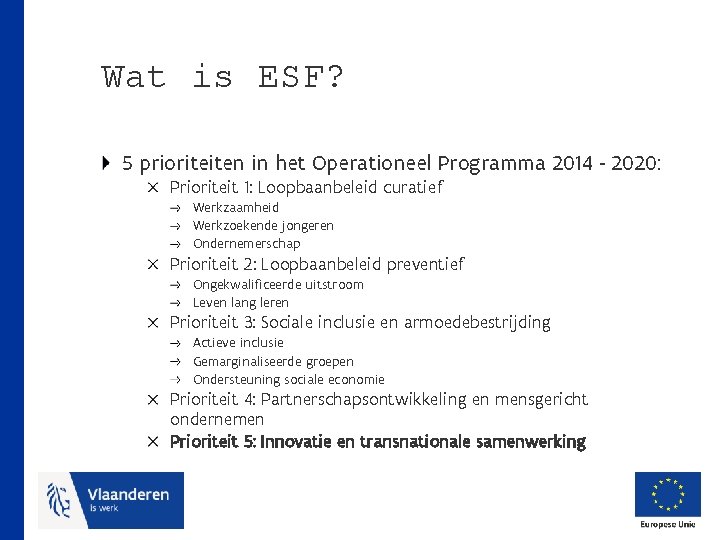 Wat is ESF? 5 prioriteiten in het Operationeel Programma 2014 - 2020: Prioriteit 1: