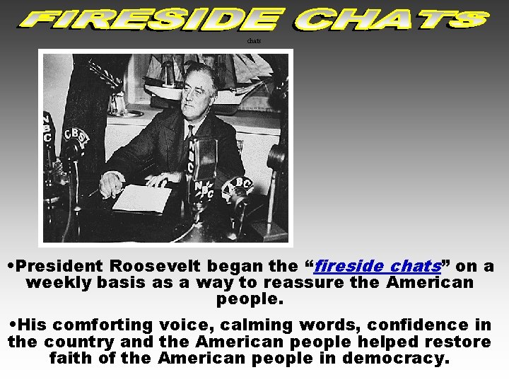 chats • President Roosevelt began the “fireside chats” on a weekly basis as a