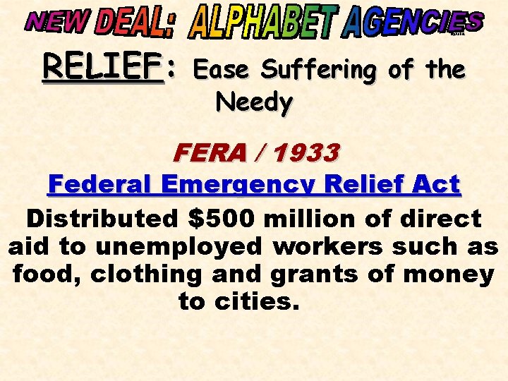 alphabet RELIEF: Ease Suffering of the Needy FERA / 1933 Federal Emergency Relief Act