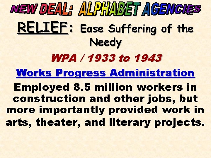 alphabet RELIEF: Ease Suffering of the Needy WPA / 1933 to 1943 Works Progress