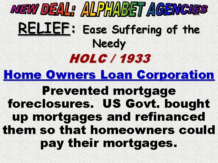 alphabet RELIEF: Ease Suffering of the Needy HOLC / 1933 Home Owners Loan Corporation