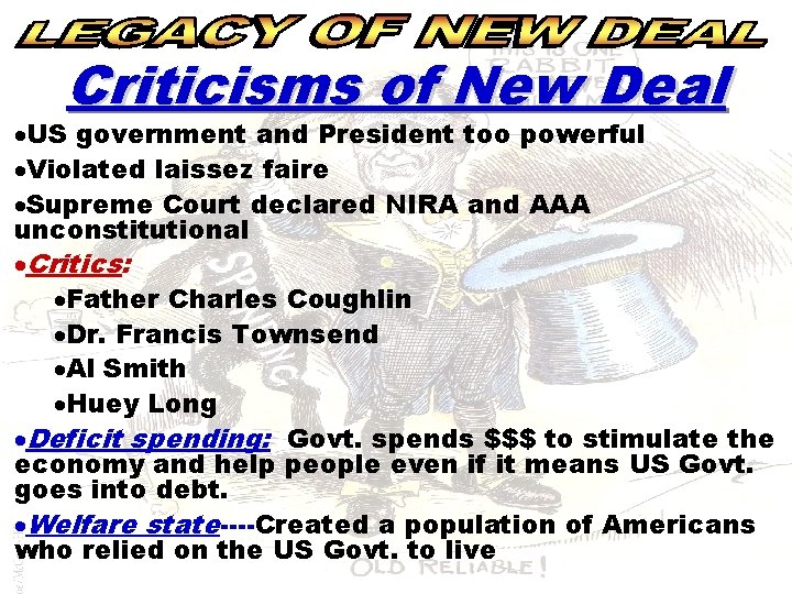 Criticisms of New Deal ·US government and President too powerful ·Violated laissez faire ·Supreme