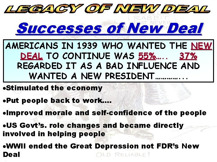 Successes of New Deal AMERICANS IN 1939 WHO WANTED THE NEW DEAL TO CONTINUE