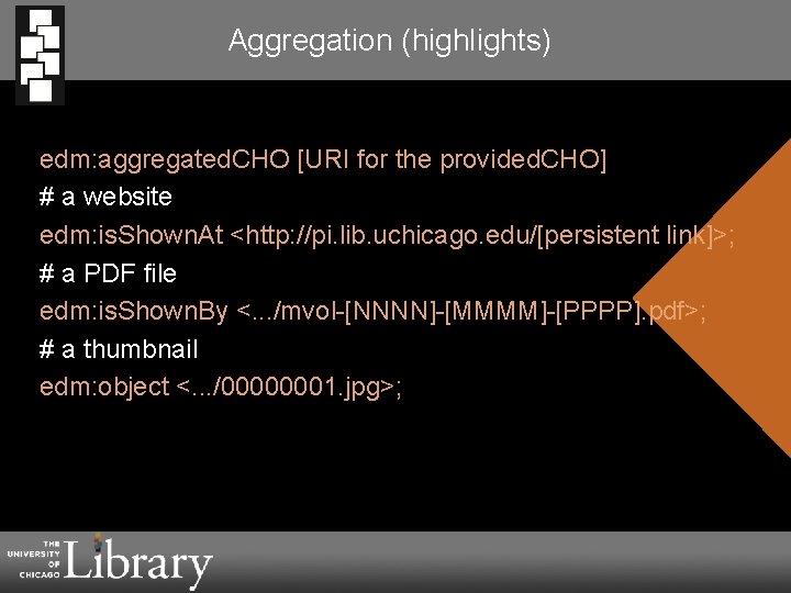 Aggregation (highlights) edm: aggregated. CHO [URI for the provided. CHO] # a website edm: