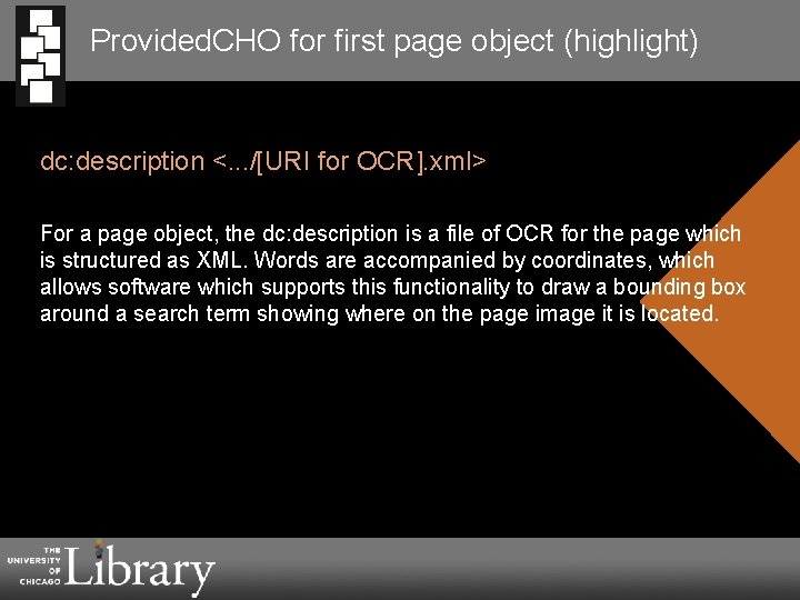 Provided. CHO for first page object (highlight) dc: description <. . . /[URI for