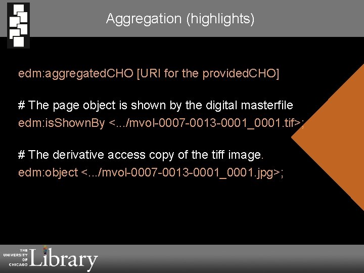 Aggregation (highlights) edm: aggregated. CHO [URI for the provided. CHO] # The page object