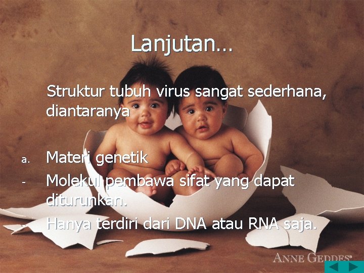 Lanjutan… Struktur tubuh virus sangat sederhana, diantaranya a. - - Materi genetik Molekul pembawa