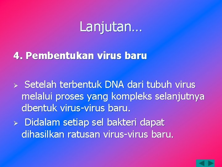 Lanjutan… 4. Pembentukan virus baru Setelah terbentuk DNA dari tubuh virus melalui proses yang