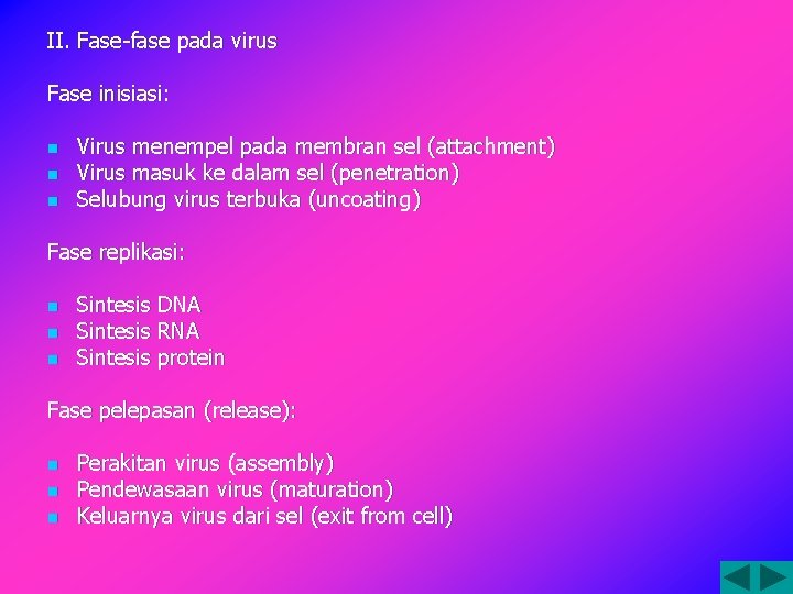 II. Fase-fase pada virus Fase inisiasi: n n n Virus menempel pada membran sel