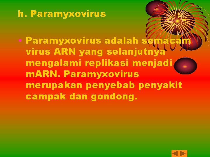 h. Paramyxovirus • Paramyxovirus adalah semacam virus ARN yang selanjutnya mengalami replikasi menjadi m.