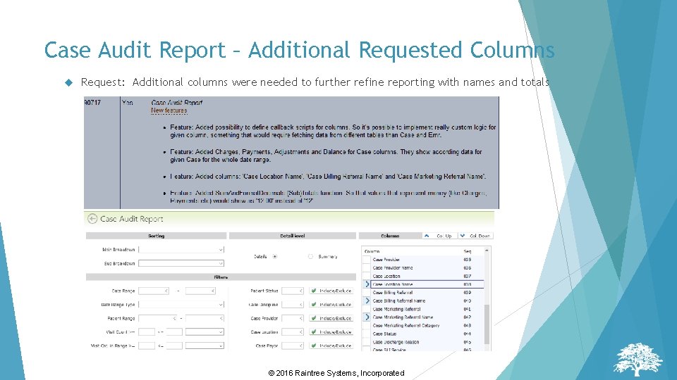 Case Audit Report – Additional Requested Columns Request: Additional columns were needed to further Case Audit Report – Additional Requested Columns Request: Additional columns were needed to further