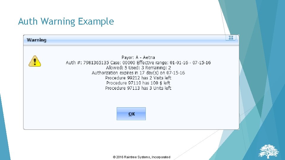 Auth Warning Example © 2016 Raintree Systems, Incorporated Auth Warning Example © 2016 Raintree Systems, Incorporated
