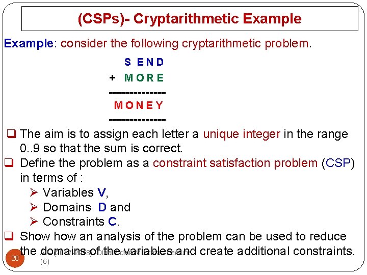 (CSPs)- Cryptarithmetic Example: consider the following cryptarithmetic problem. S END + MORE -------MONEY -------q