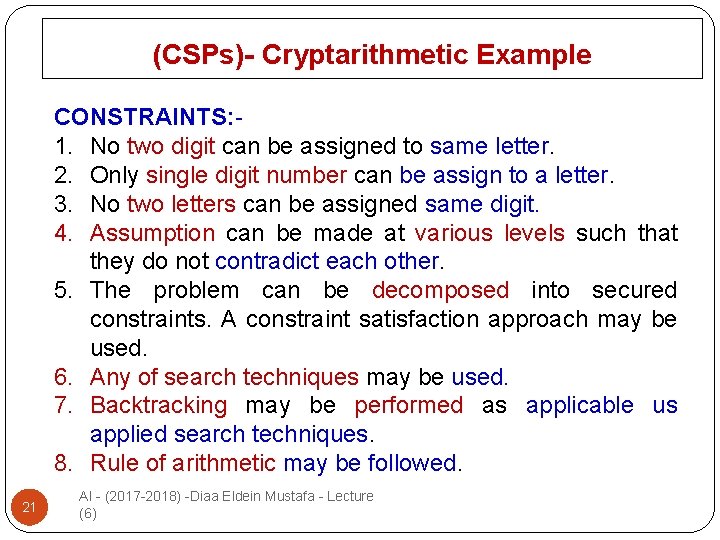 (CSPs)- Cryptarithmetic Example CONSTRAINTS: 1. No two digit can be assigned to same letter.