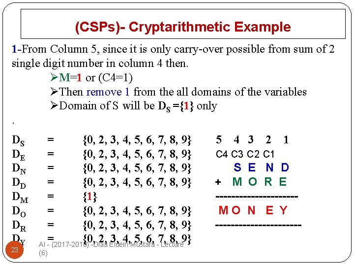 (CSPs)- Cryptarithmetic Example 1 -From Column 5, since it is only carry-over possible from