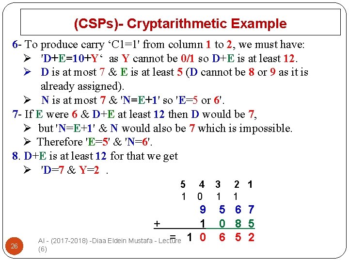 (CSPs)- Cryptarithmetic Example 6 - To produce carry ‘C 1=1' from column 1 to