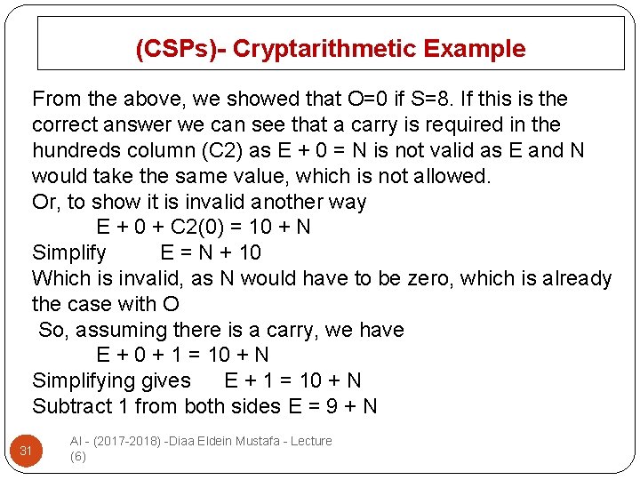 (CSPs)- Cryptarithmetic Example From the above, we showed that O=0 if S=8. If this