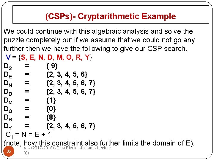 (CSPs)- Cryptarithmetic Example We could continue with this algebraic analysis and solve the puzzle