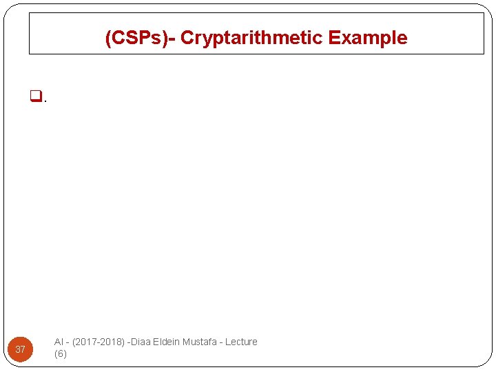 (CSPs)- Cryptarithmetic Example q. 37 AI - (2017 -2018) -Diaa Eldein Mustafa - Lecture