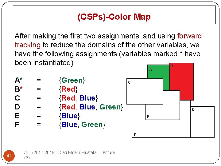 (CSPs)-Color Map After making the first two assignments, and using forward tracking to reduce