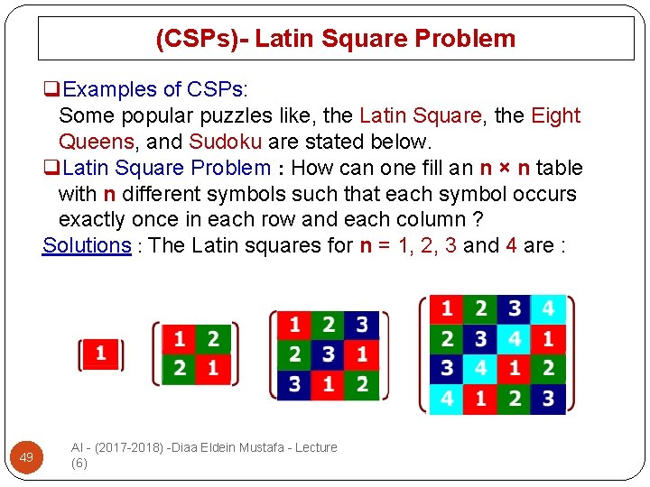 (CSPs)- Latin Square Problem q. Examples of CSPs: Some popular puzzles like, the Latin