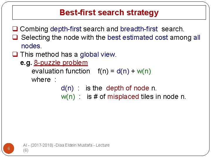 Best-first search strategy q Combing depth-first search and breadth-first search. q Selecting the node