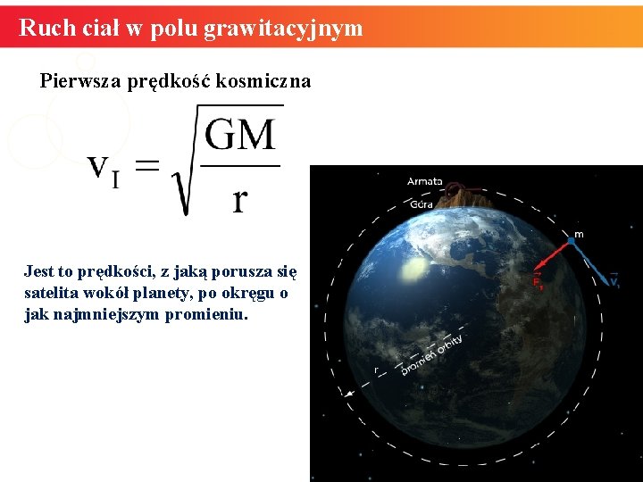 Ruch ciał w polu grawitacyjnym Pierwsza prędkość kosmiczna Jest to prędkości, z jaką porusza