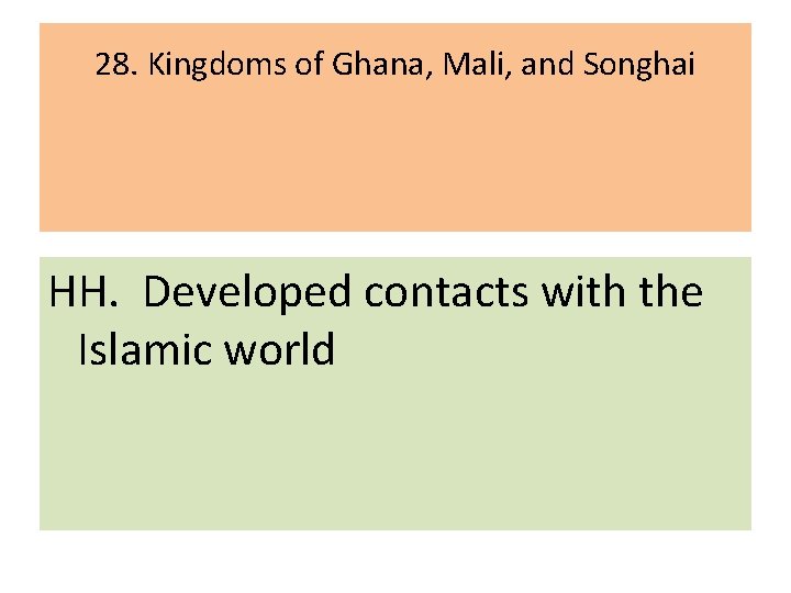 28. Kingdoms of Ghana, Mali, and Songhai HH. Developed contacts with the Islamic world