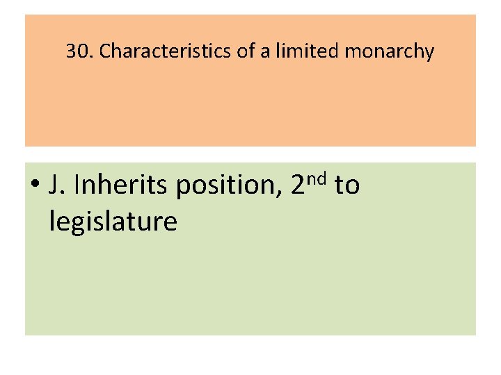 30. Characteristics of a limited monarchy • J. Inherits position, 2 nd to legislature