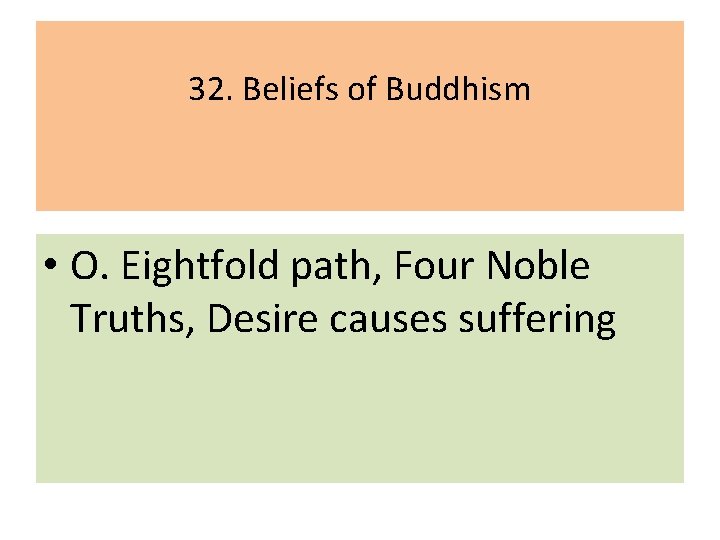 32. Beliefs of Buddhism • O. Eightfold path, Four Noble Truths, Desire causes suffering