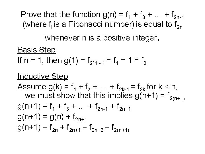 Prove that the function g(n) = f 1 + f 3 + … +