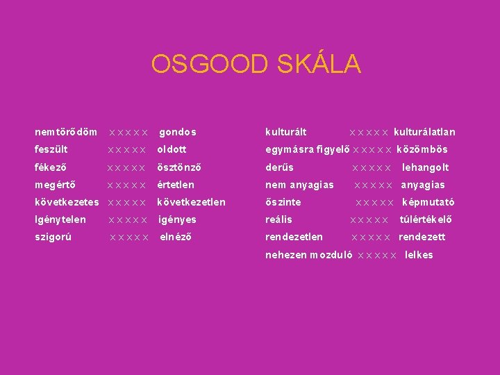 OSGOOD SKÁLA nemtörődöm xxxxx gondos kulturált x x x kulturálatlan feszült xxxxx oldott egymásra