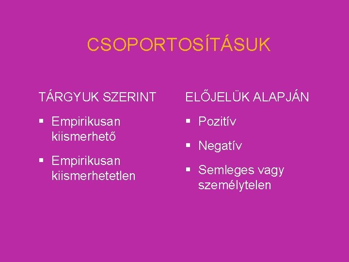 CSOPORTOSÍTÁSUK TÁRGYUK SZERINT ELŐJELÜK ALAPJÁN § Empirikusan kiismerhető § Pozitív § Empirikusan kiismerhetetlen §