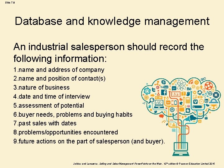 Slide 7. 8 Database and knowledge management An industrial salesperson should record the following