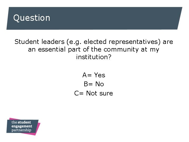 Question Student leaders (e. g. elected representatives) are an essential part of the community