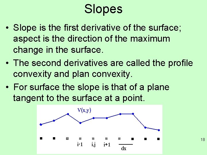Slopes • Slope is the first derivative of the surface; aspect is the direction